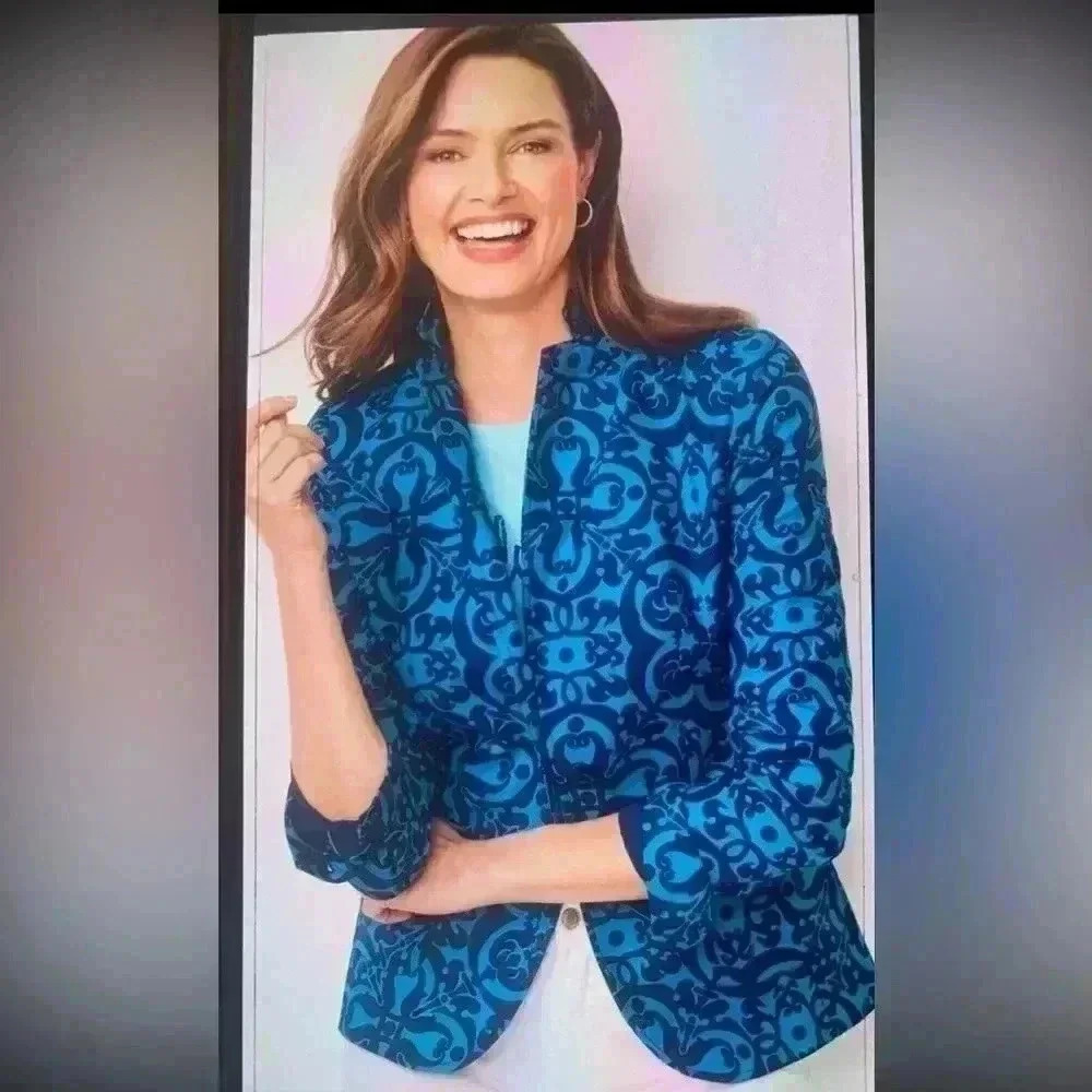 Talbot's Women's Medallion Print Blazer Jacket Bright Blue Cotton Size 8